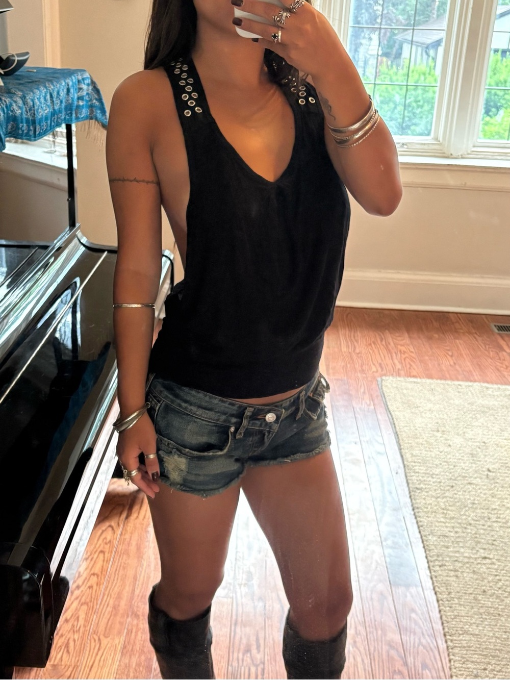 Vintage Vero Moda Black Grommet Shoulder Racer Back Tank Top - Picture 3 of 9